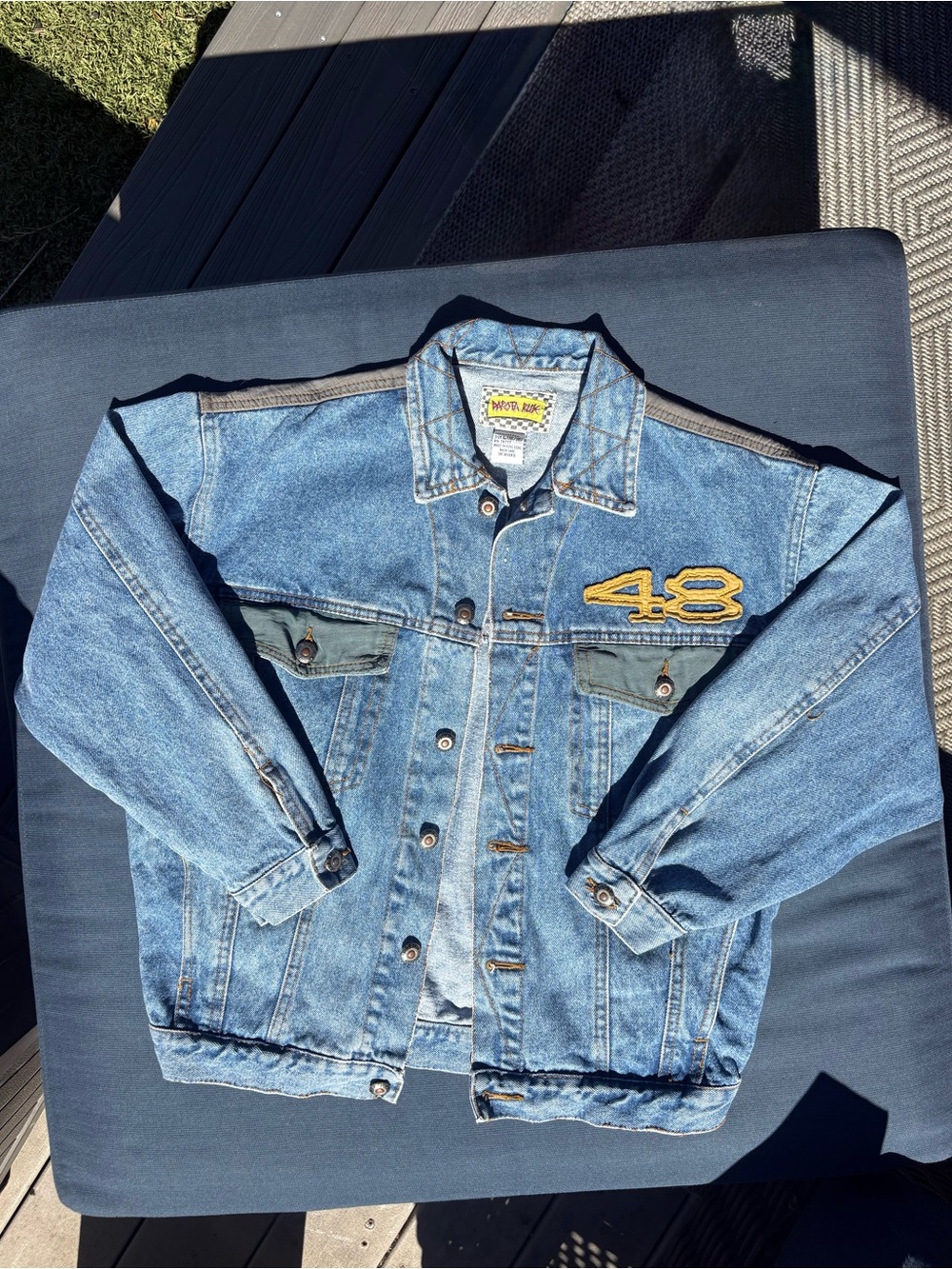 Vintage Dakota Blue Denim Jacket with #48 yellow patchwork